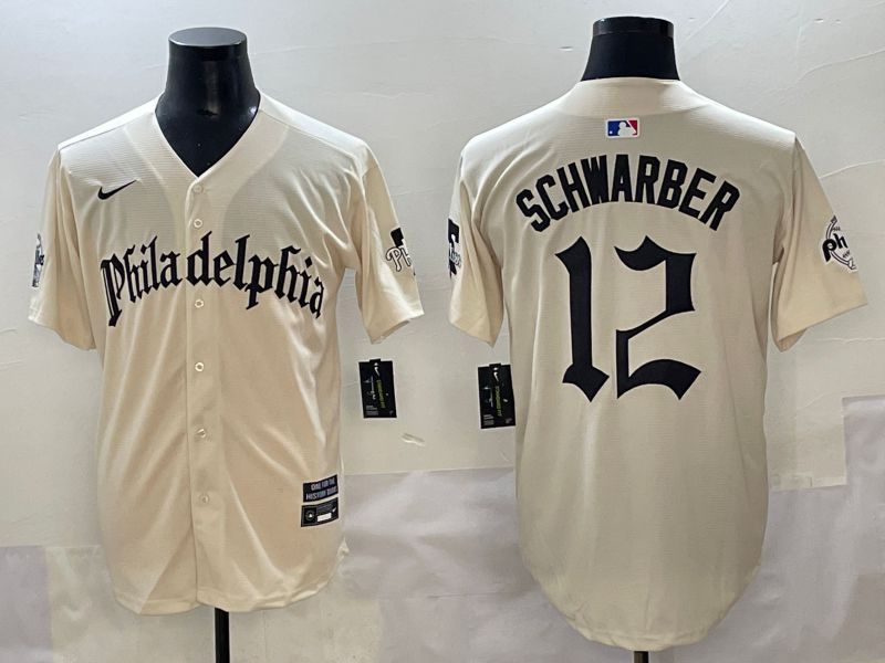 Men 2025 Philadelphia Phillies #12 Schwarber Cream Five generations Joint Name Nike MLB Jersey style 1